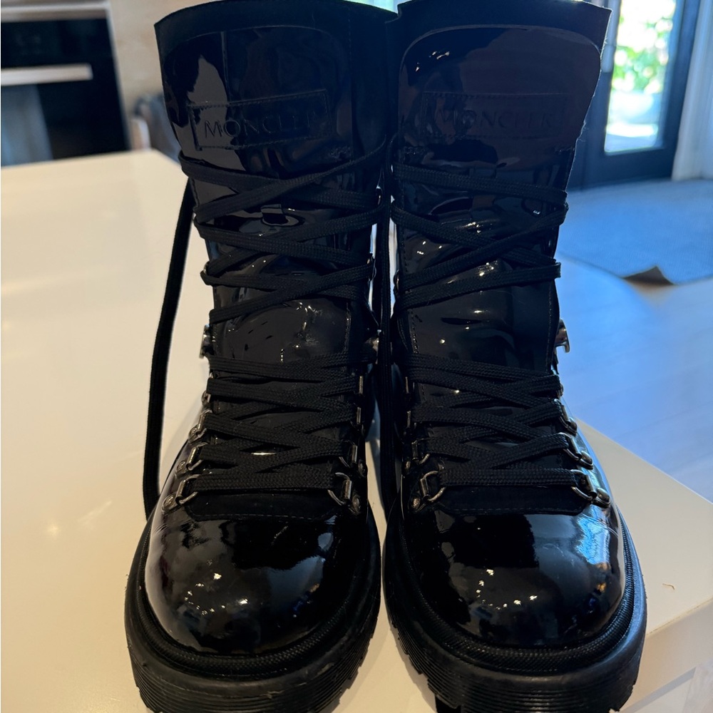 Moncler Women's Shiny Black Lace-Up Boots